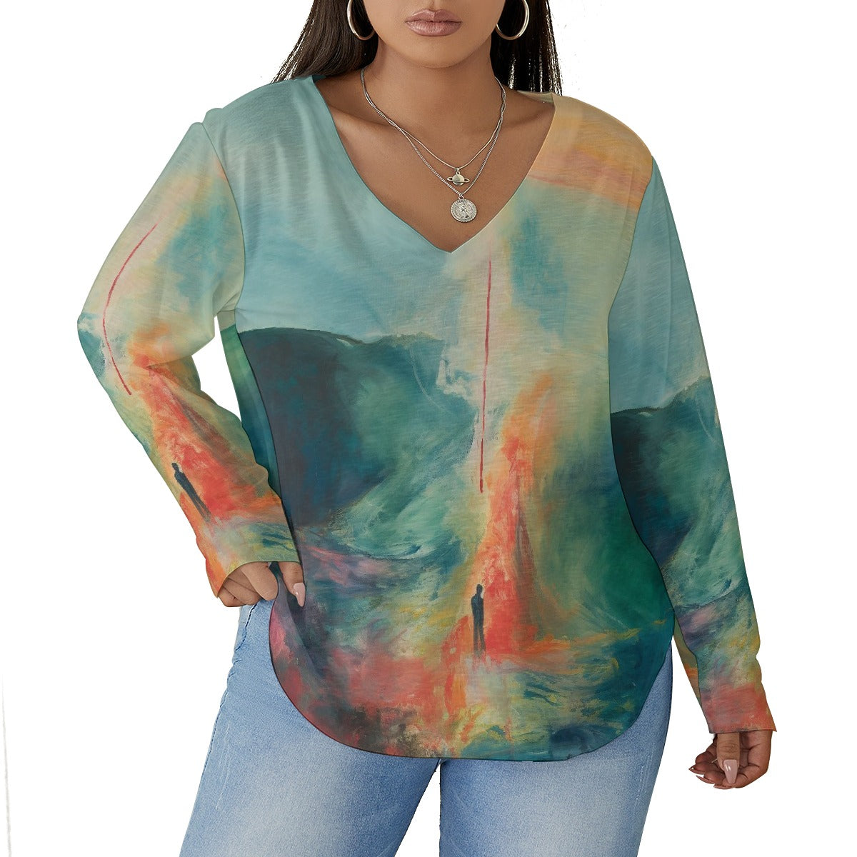 All-Over Print Women's V-neck T-shirt With Curved Hem(Plus Size)