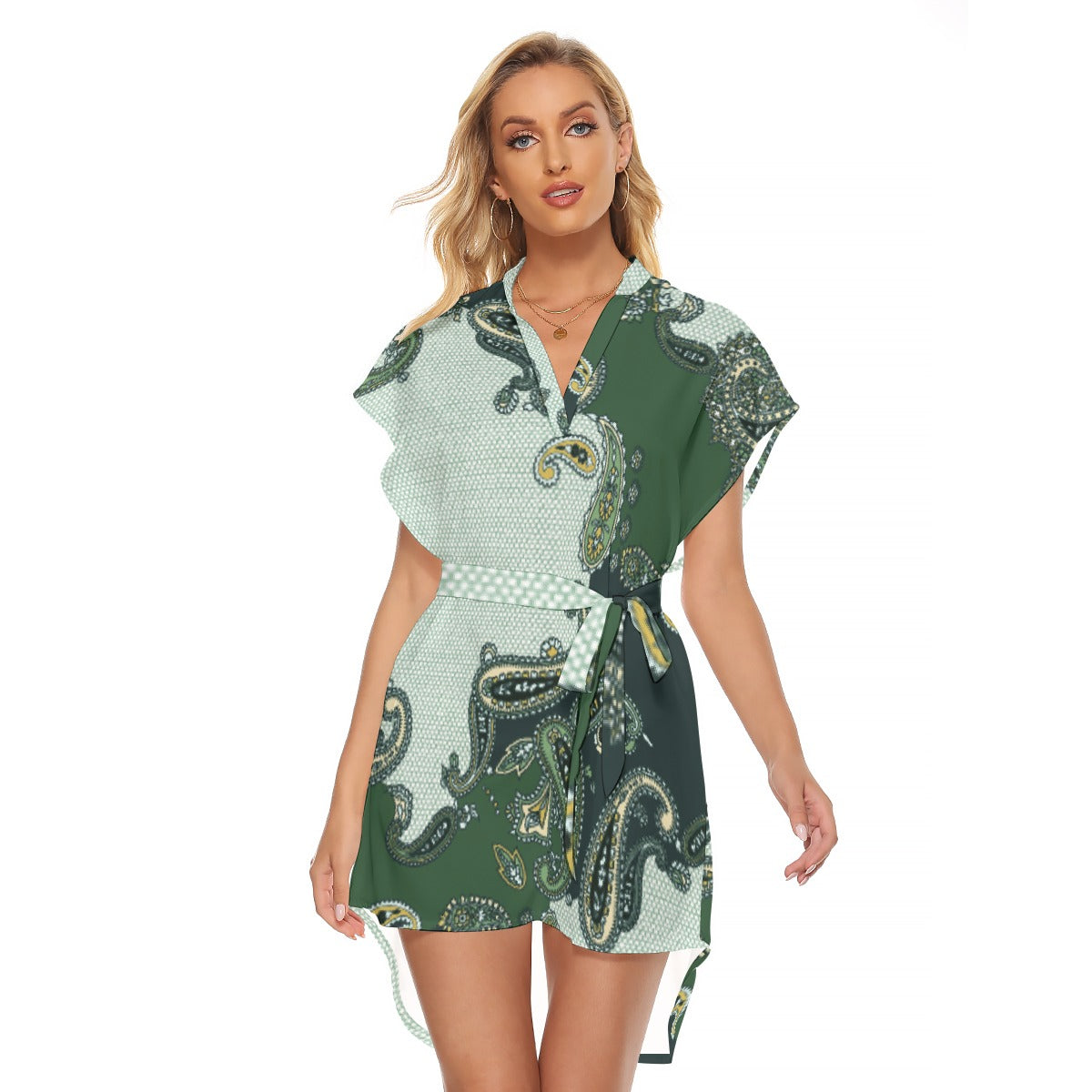 All-Over Print Women's Stand-up Collar Casual Dress With Belt