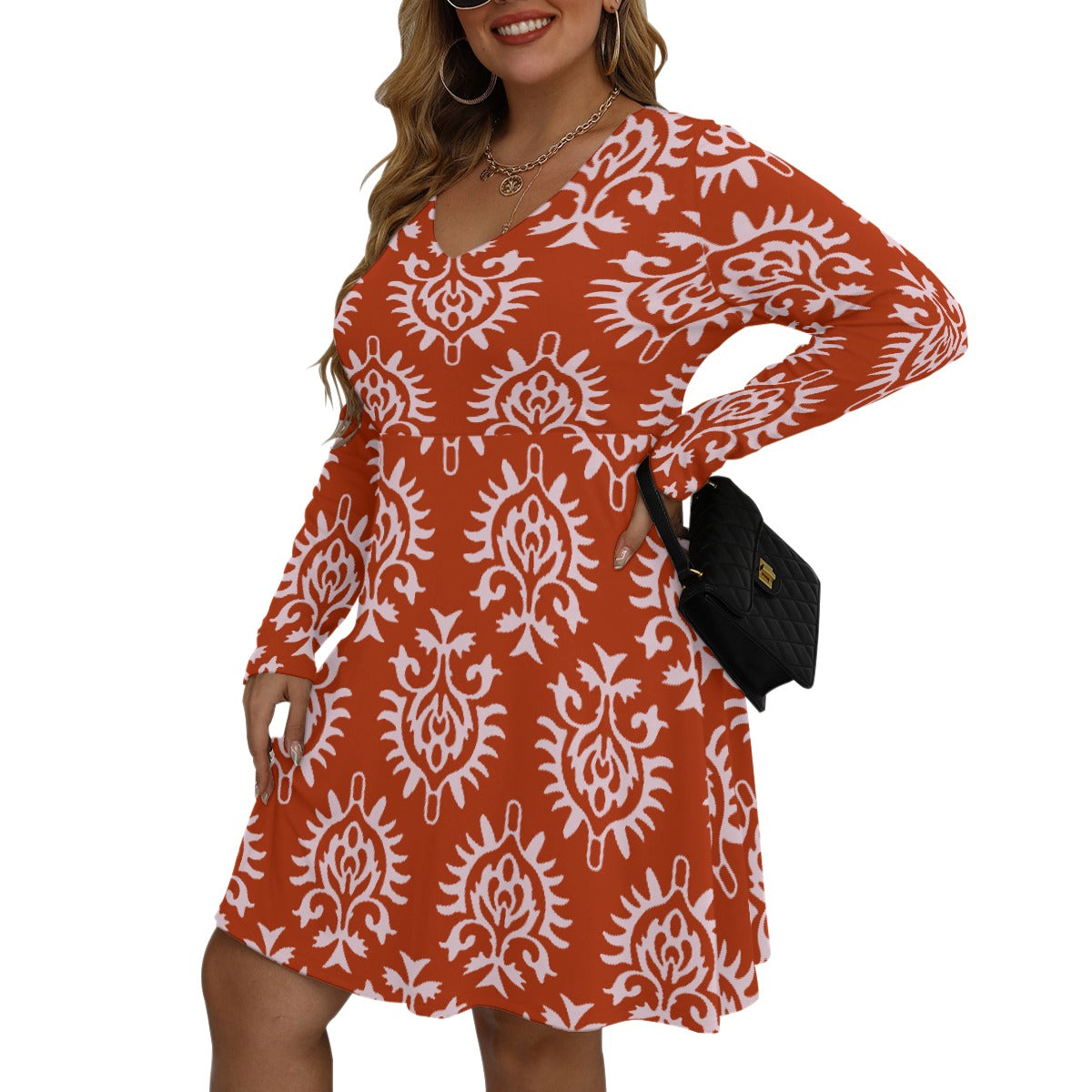 All-Over Print Women's V-neck Long Sleeve Dress(Plus Size)