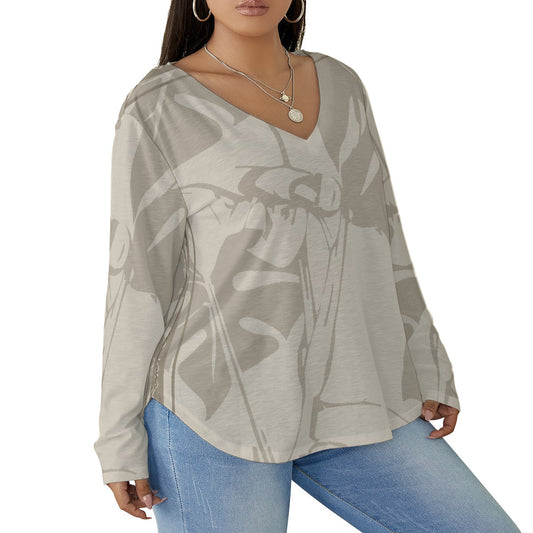 All-Over Print Women's V-neck T-shirt With Curved Hem(Plus Size)