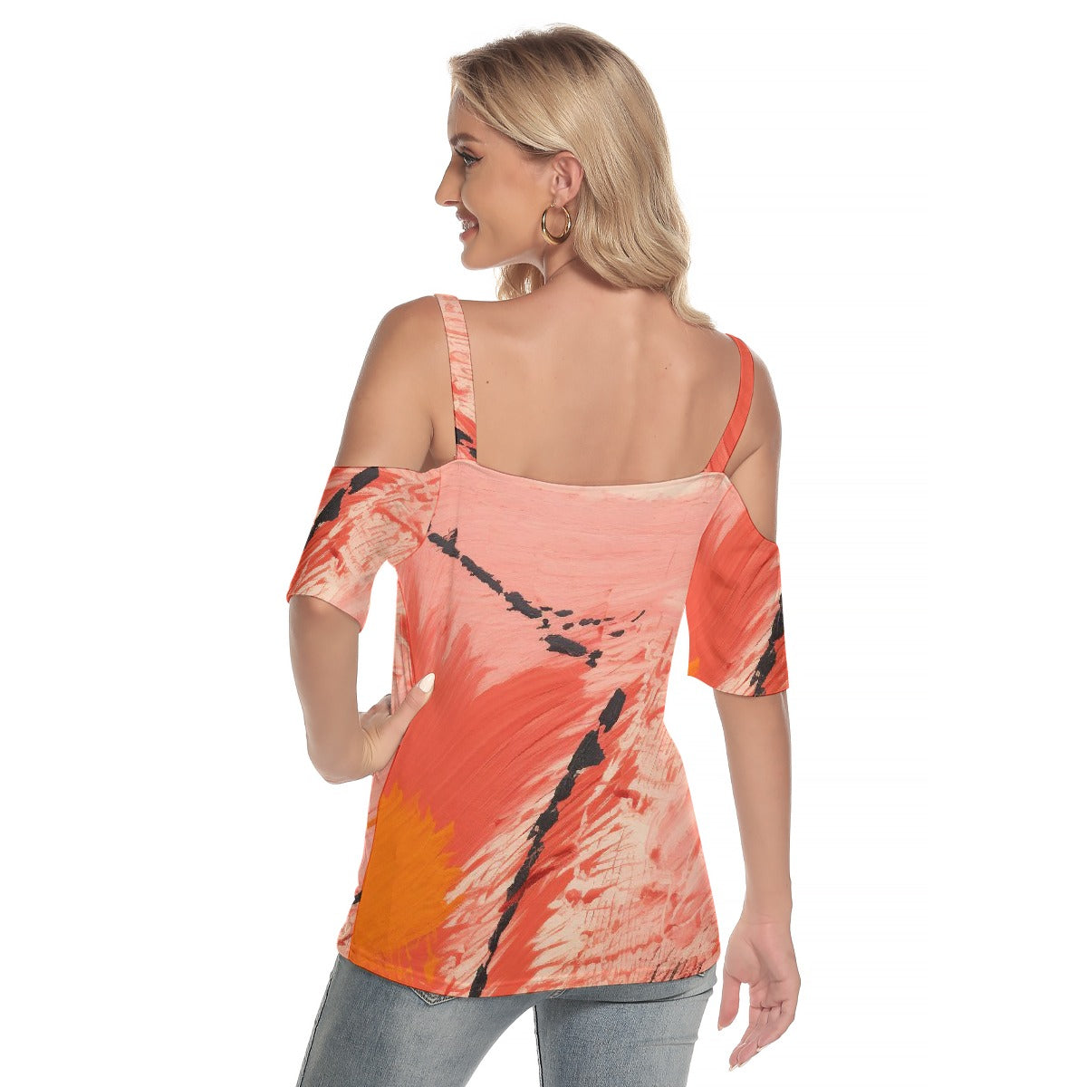 All-Over Print Women's Cold Shoulder T-shirt With Criss Cross Strips