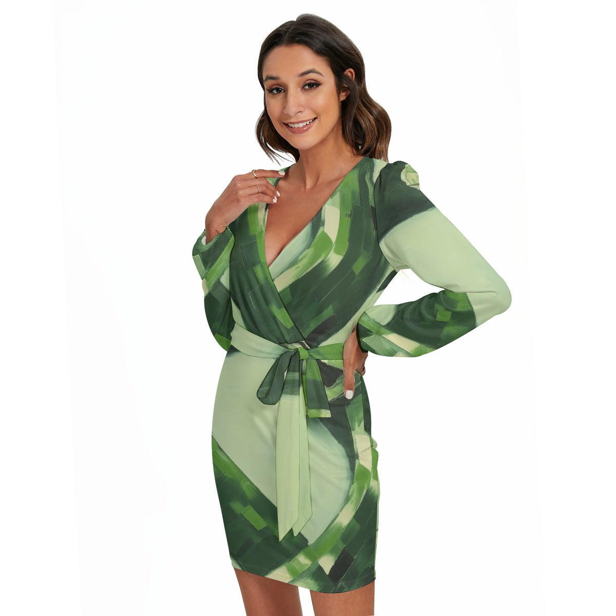 All-Over Print Women's Long Sleeve Dress With Waist Belt