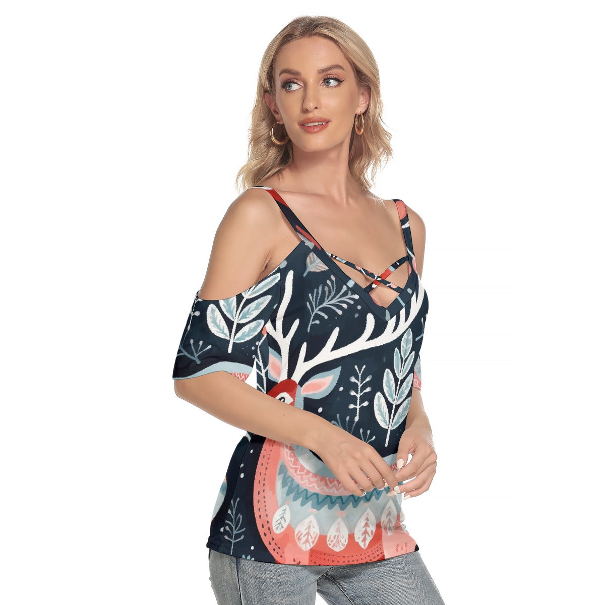 All-Over Print Women's Cold Shoulder T-shirt With Criss Cross Strips