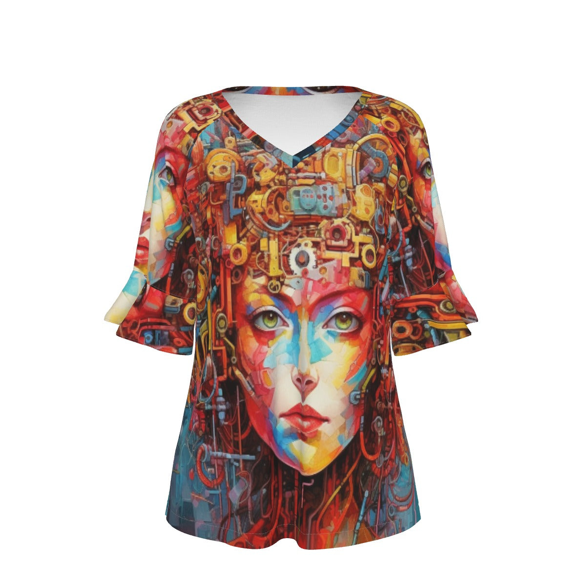 All-Over Print V-neck Women's T-shirt With Bell Sleeve