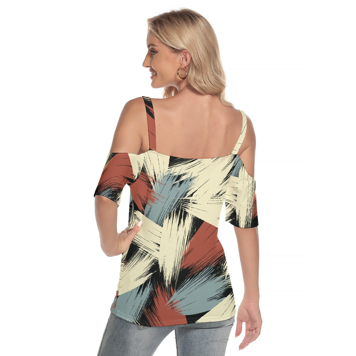 All-Over Print Women's Cold Shoulder T-shirt With Criss Cross Strips