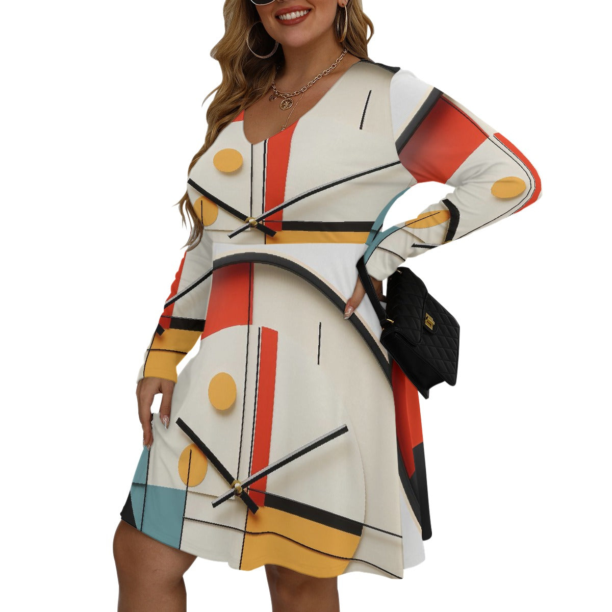 All-Over Print Women's V-neck Long Sleeve Dress(Plus Size)