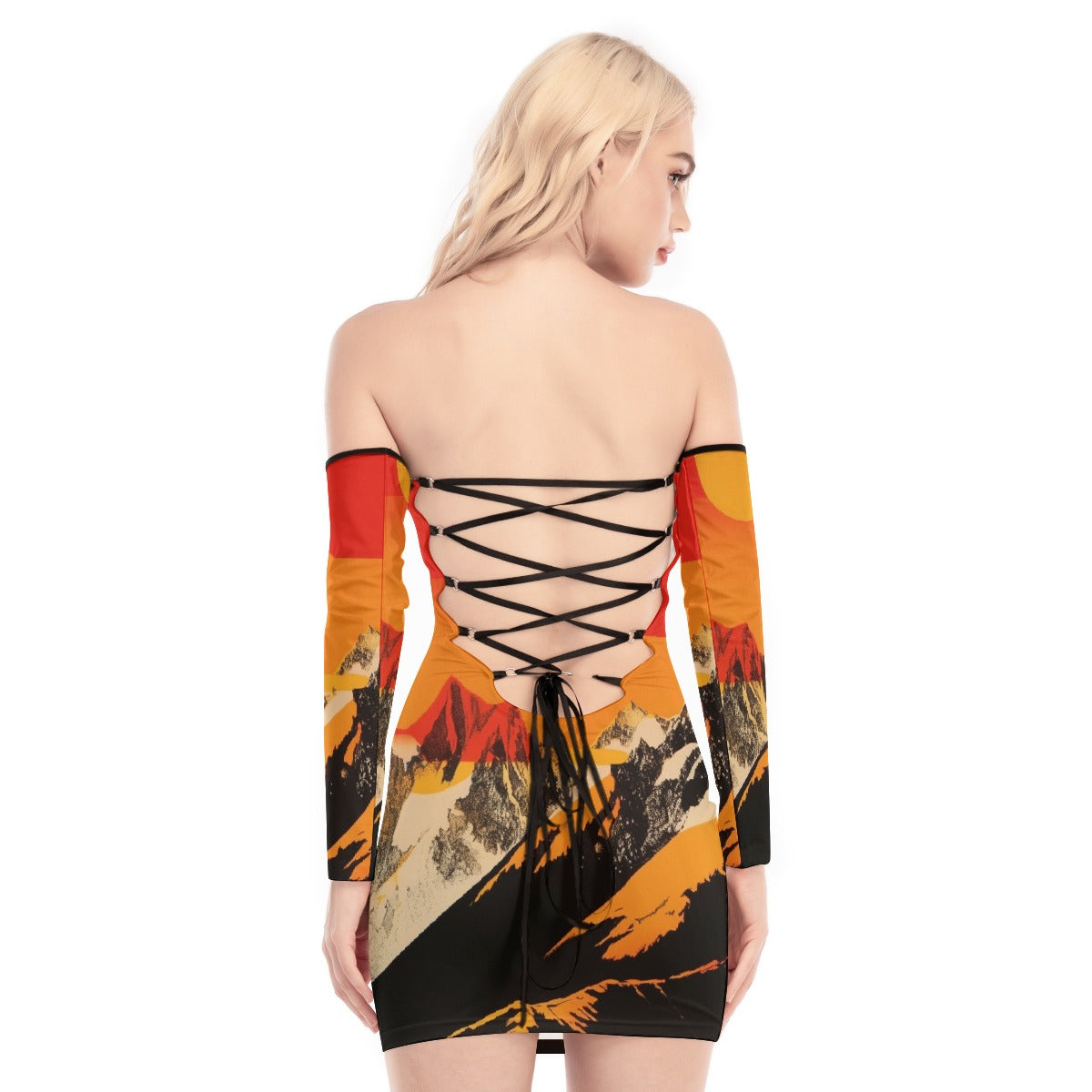 All-Over Print Women's Off-shoulder Back Lace-up Dress