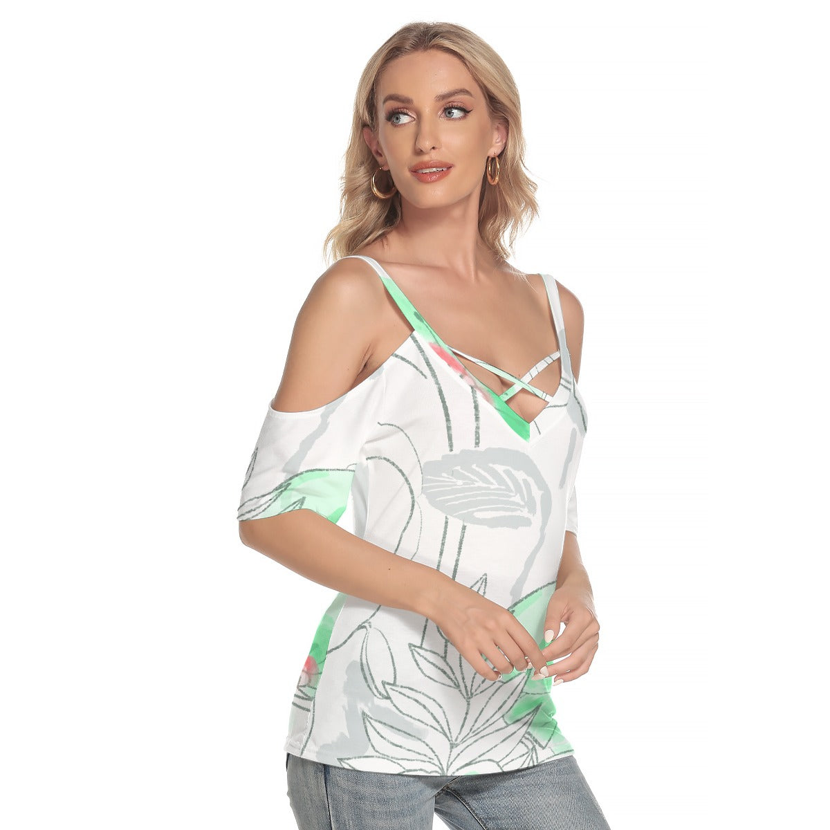 All-Over Print Women's Cold Shoulder T-shirt With Criss Cross Strips