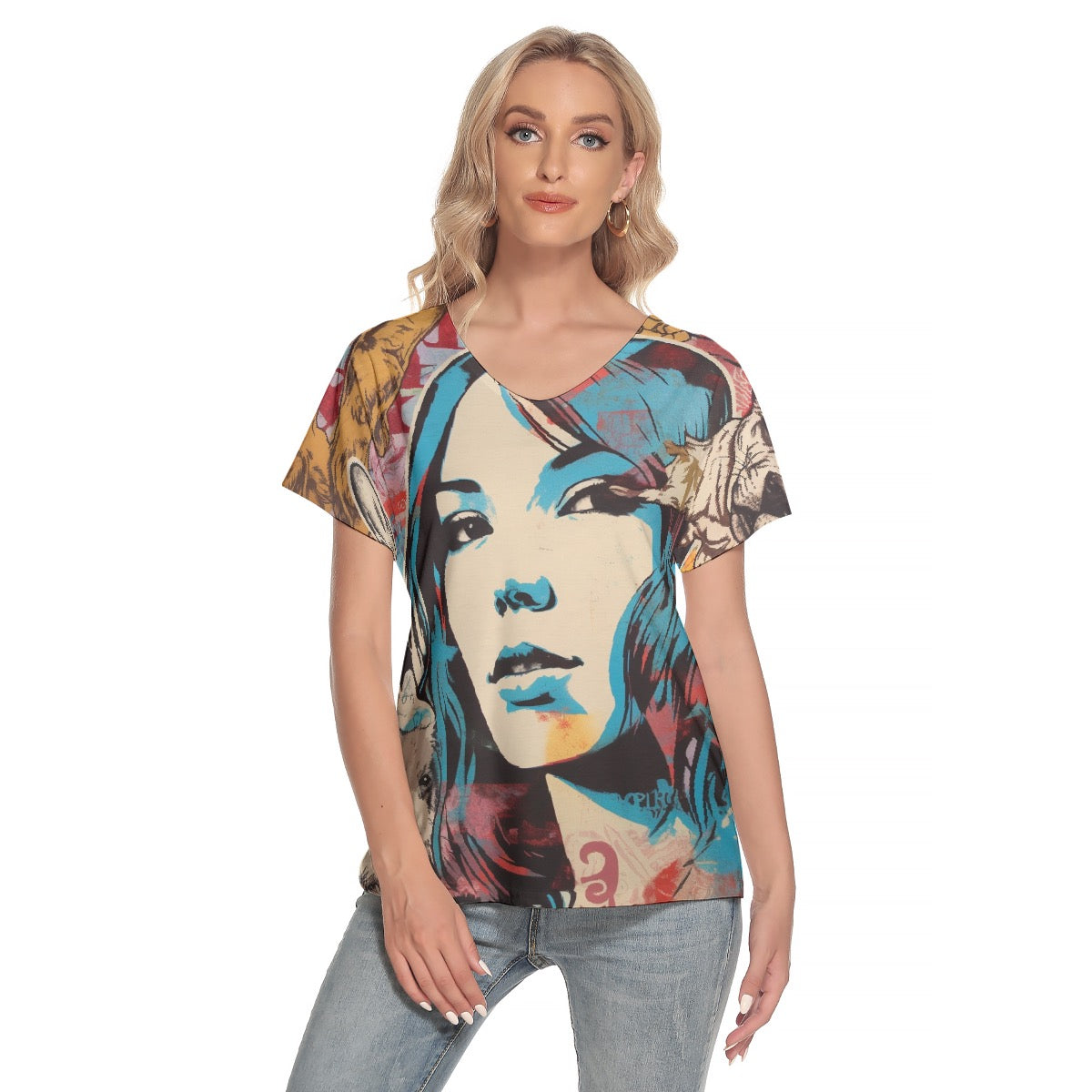 All-Over Print Women's Loose V-neck Short Sleeve T-shirt