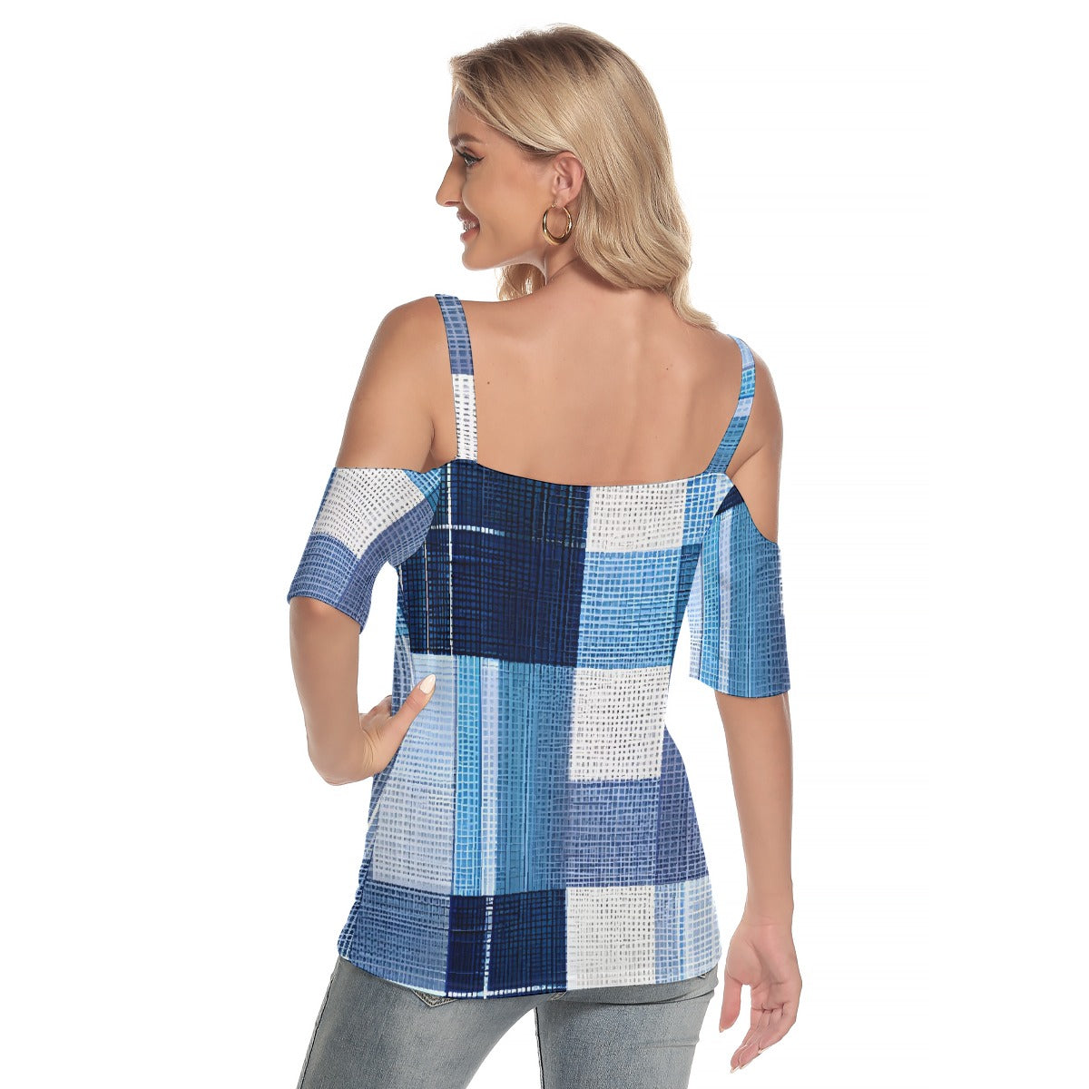 All-Over Print Women's Cold Shoulder T-shirt With Criss Cross Strips