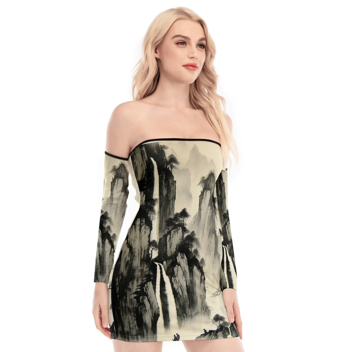 All-Over Print Women's Off-shoulder Back Lace-up Dress