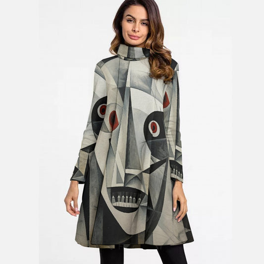 All-Over Print Women's High Neck Dress With Long Sleeve