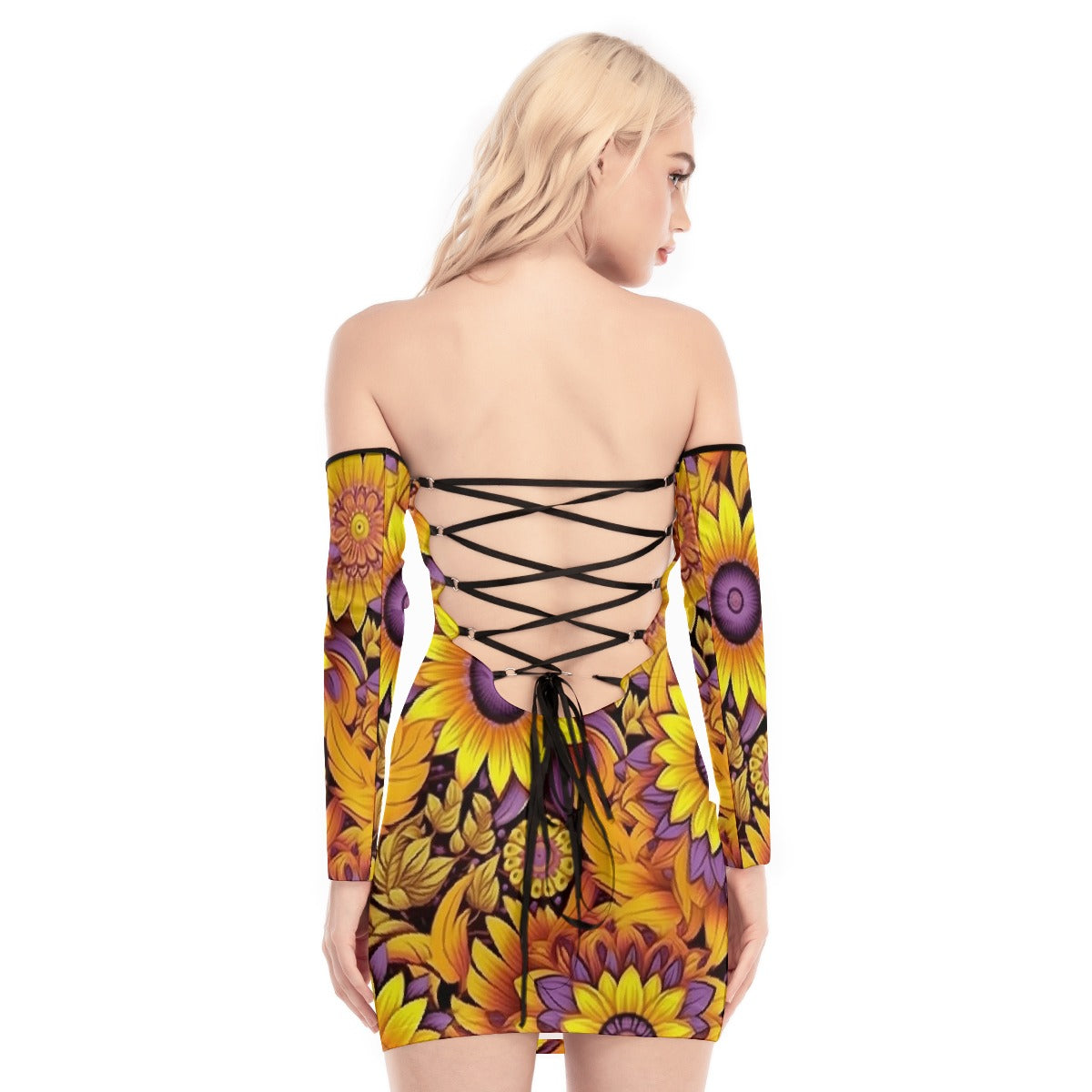 All-Over Print Women's Off-shoulder Back Lace-up Dress