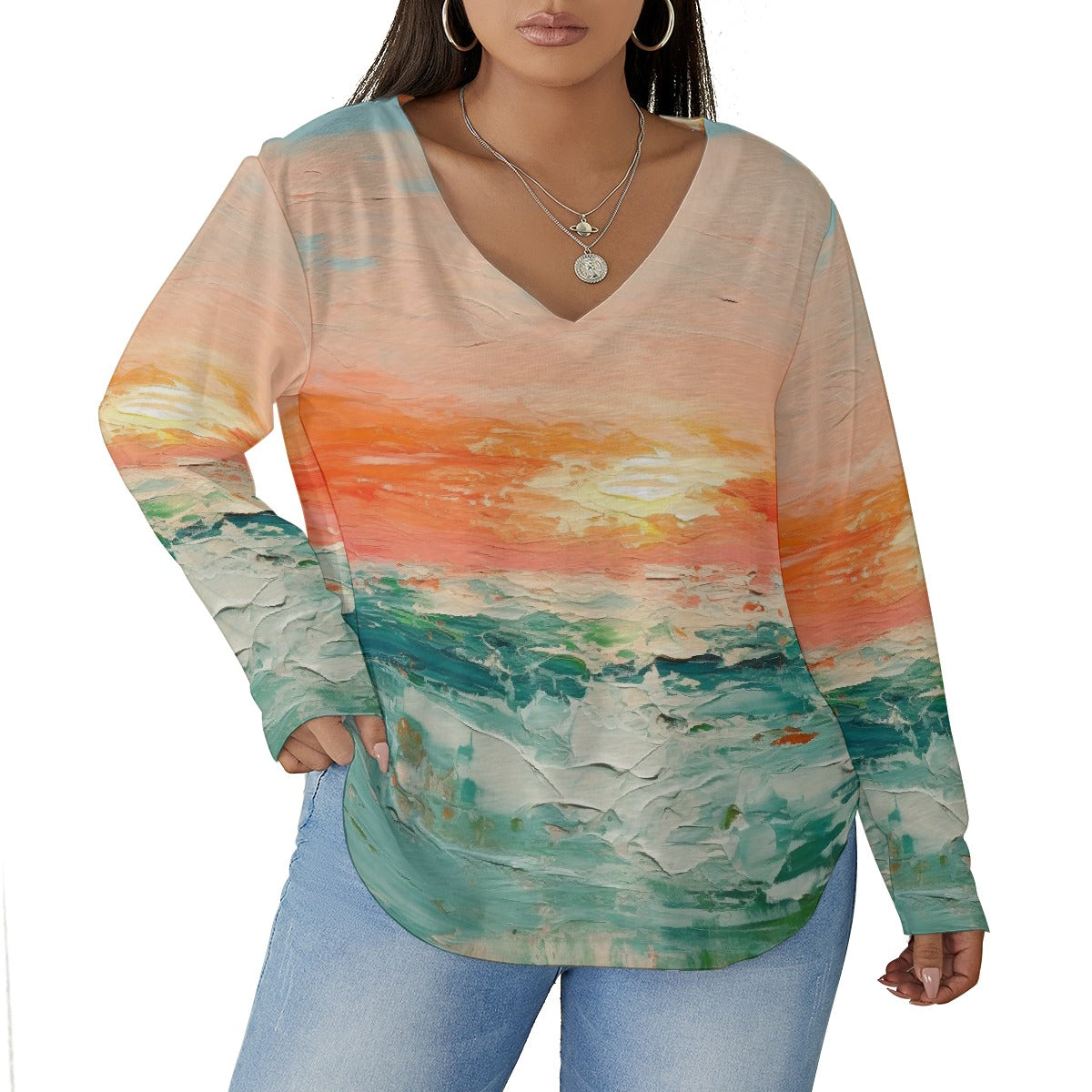 All-Over Print Women's V-neck T-shirt With Curved Hem(Plus Size)