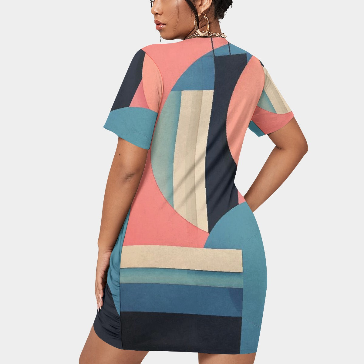 All-Over Print Women’s Stacked Hem Dress With Short Sleeve（Plus Size）