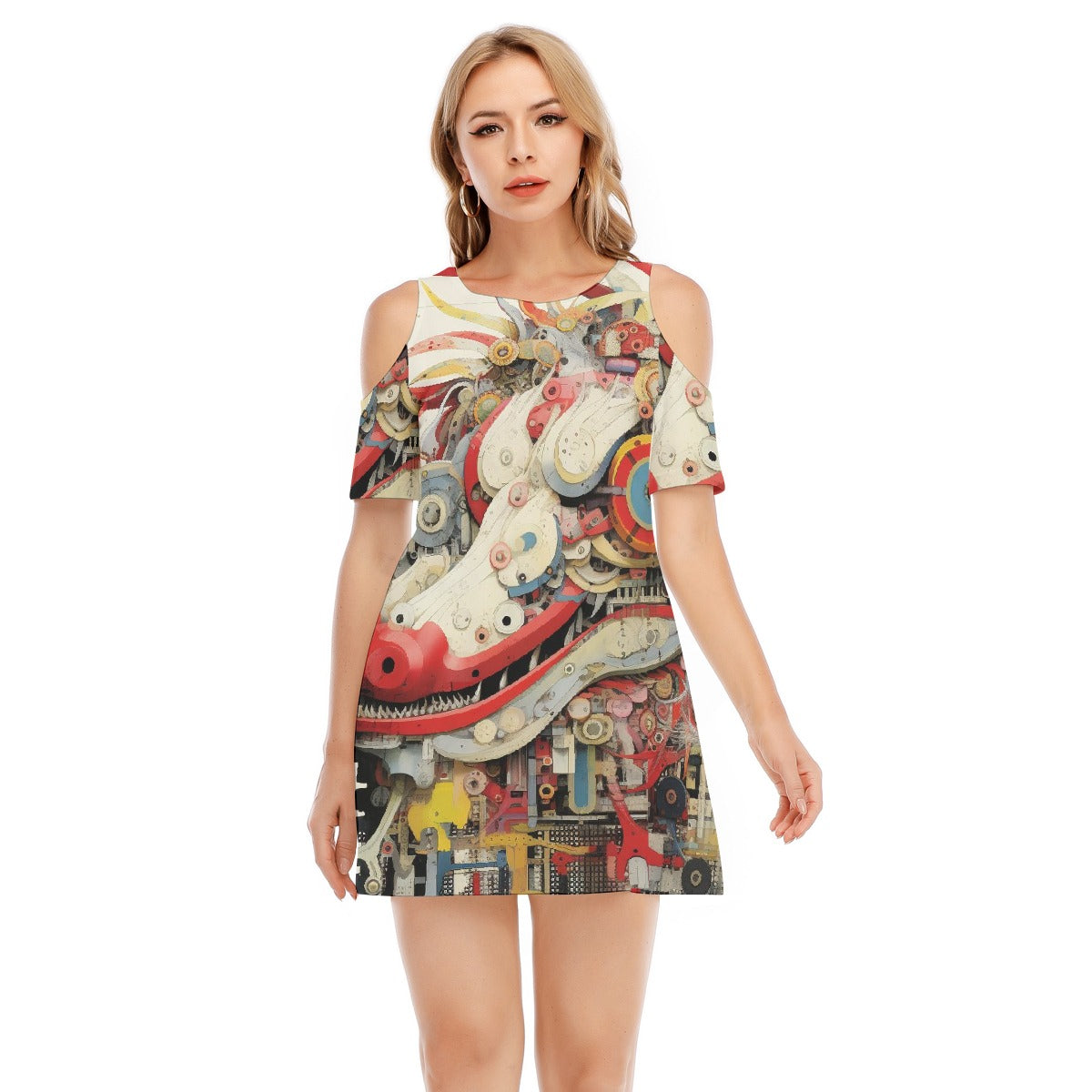 All-Over Print Women's Cold Shoulder Dress | 190GSM Cotton