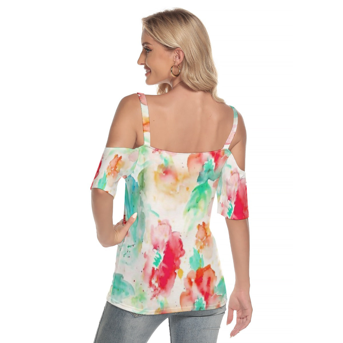 All-Over Print Women's Cold Shoulder T-shirt With Criss Cross Strips