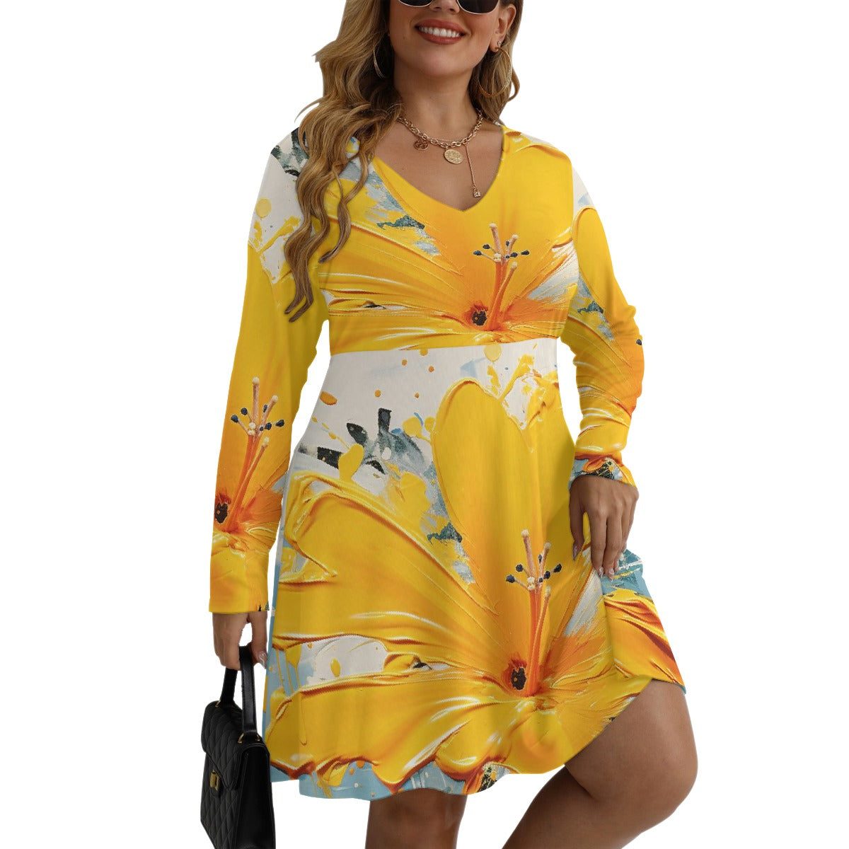 All-Over Print Women's V-neck Long Sleeve Dress(Plus Size)