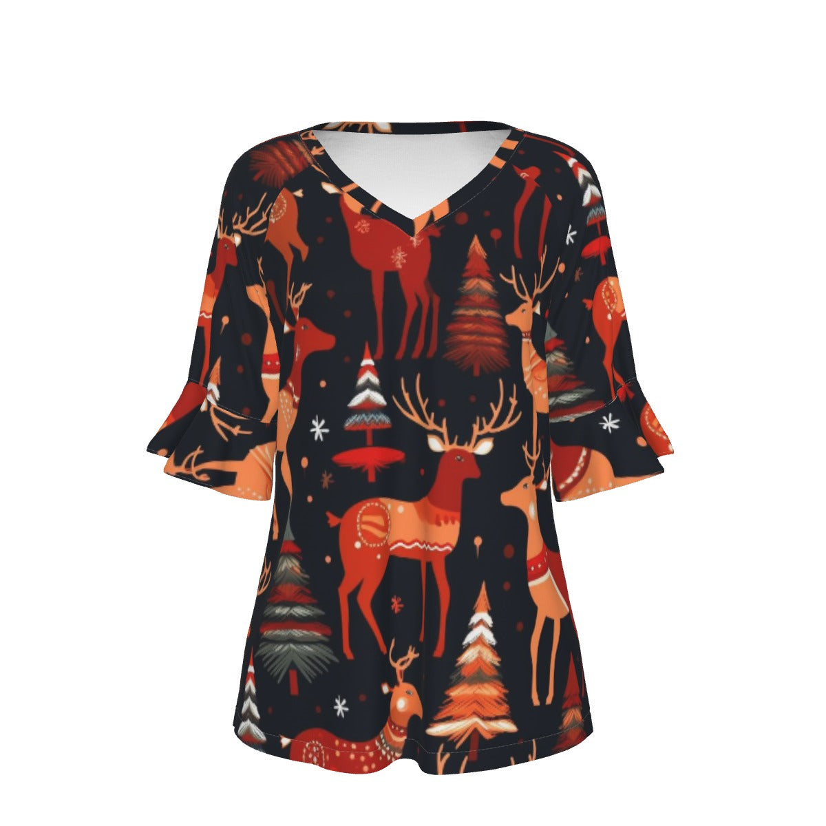 All-Over Print V-neck Women's T-shirt With Bell Sleeve