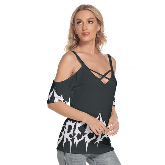 All-Over Print Women's Cold Shoulder T-shirt With Criss Cross Strips