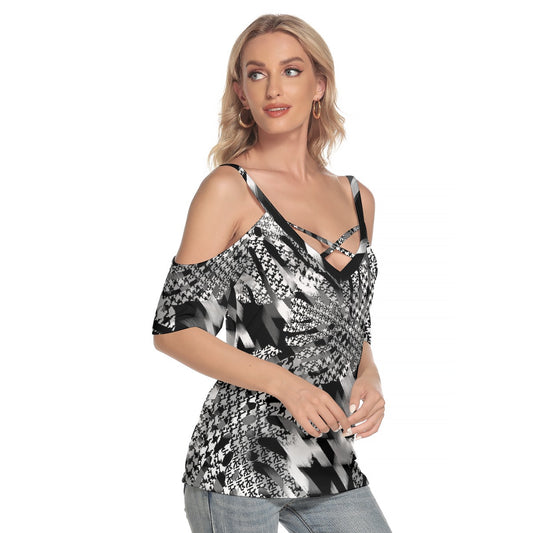 All-Over Print Women's Cold Shoulder T-shirt With Criss Cross Strips