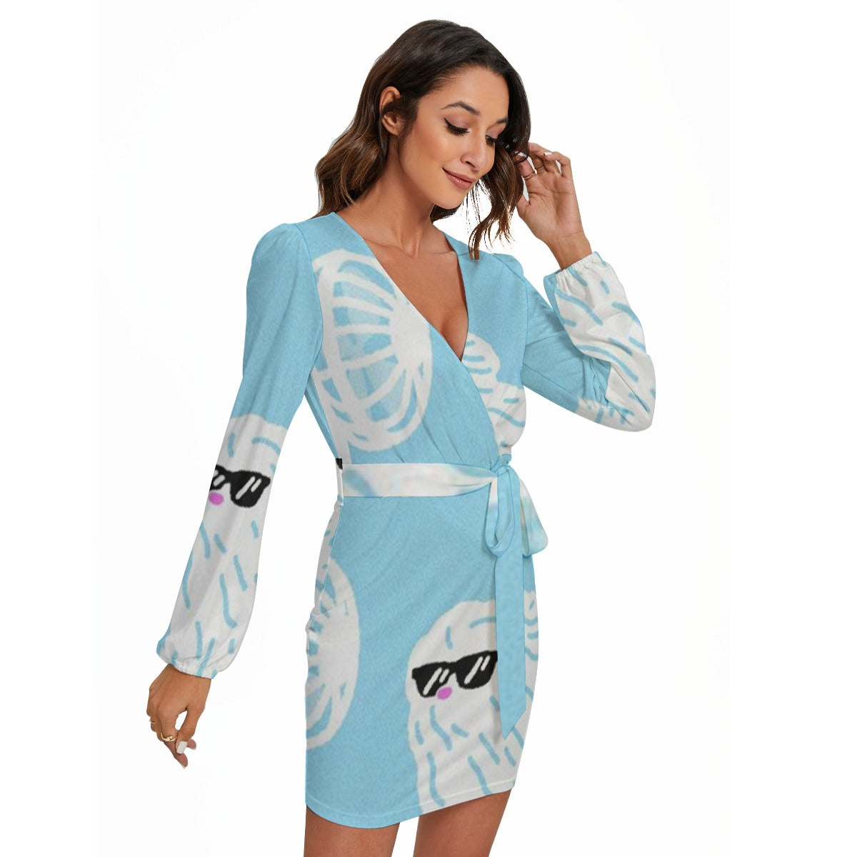 All-Over Print Women's Long Sleeve Dress With Waist Belt