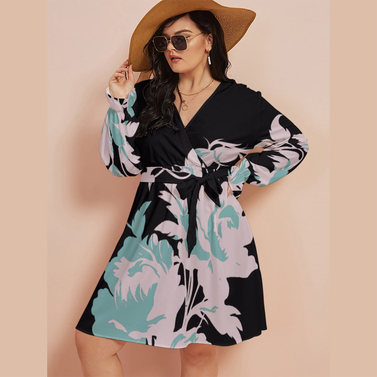 All-Over Print Women's V-neck Dress With Waistband(Plus Size)