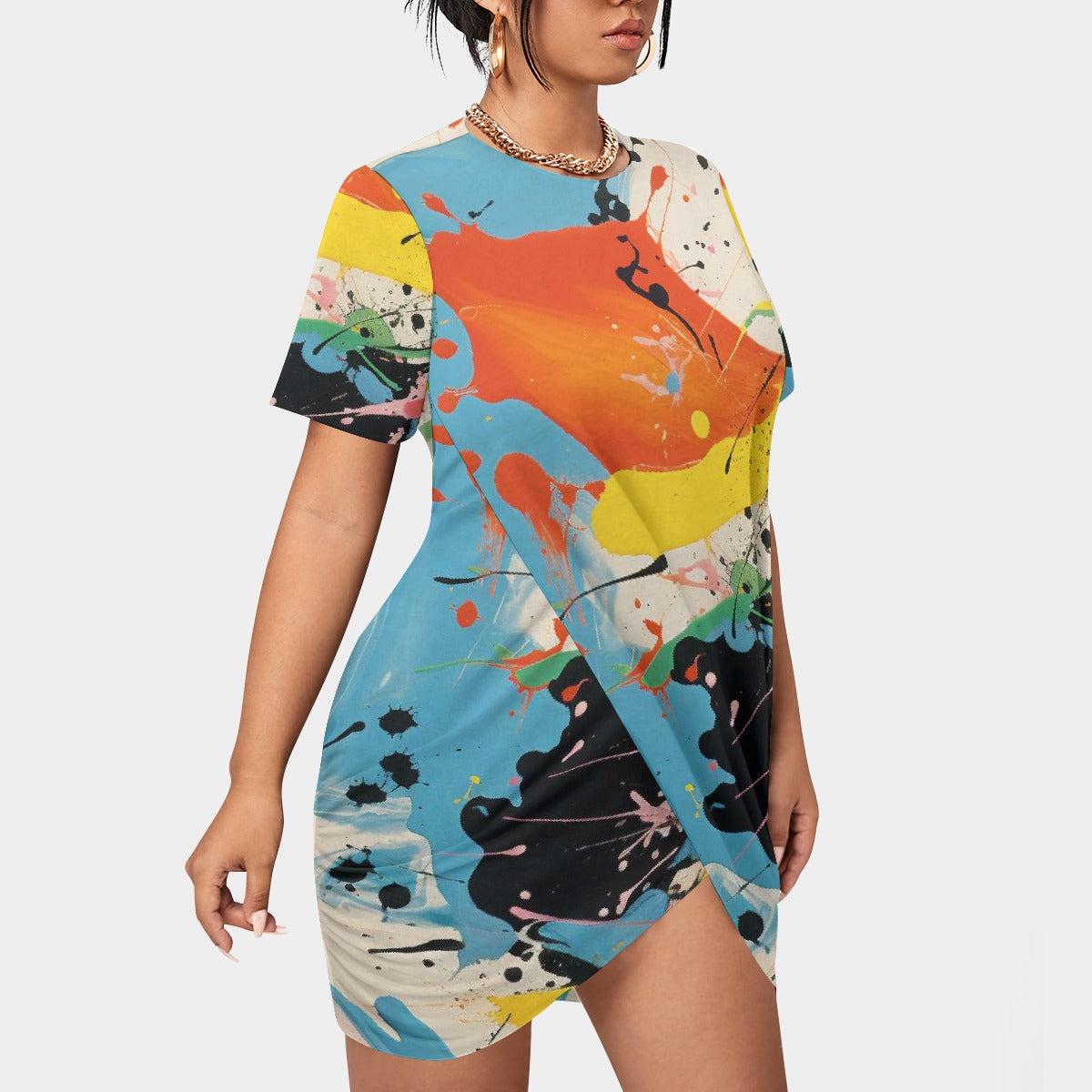 All-Over Print Women’s Stacked Hem Dress With Short Sleeve（Plus Size）