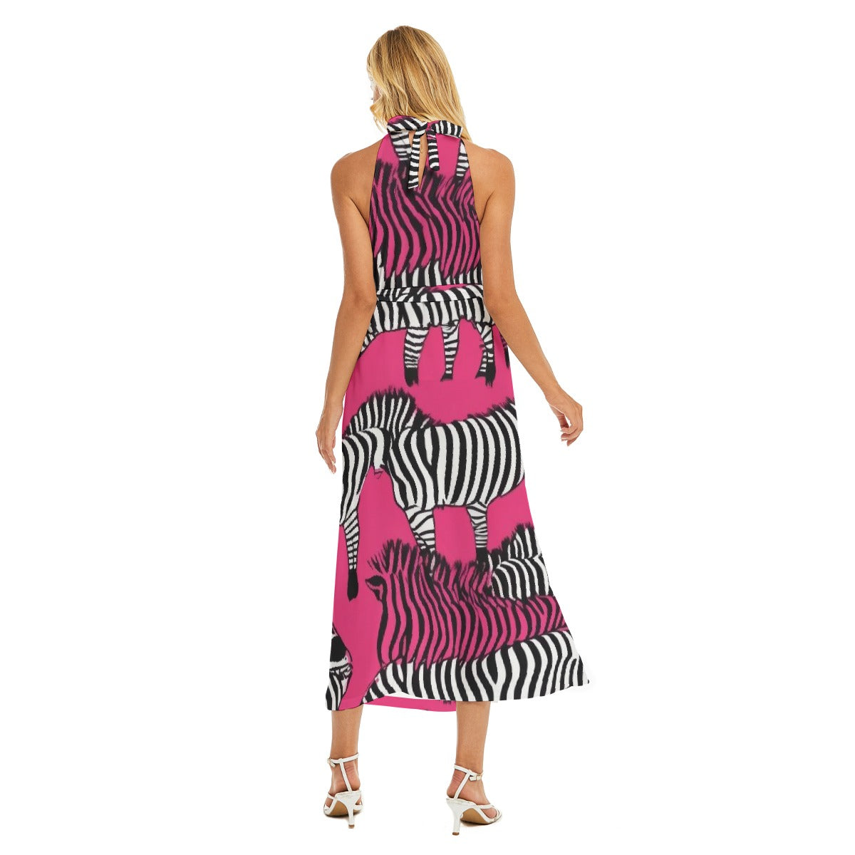 All-Over Print Women's Wrap Hem Belted Halter Dress