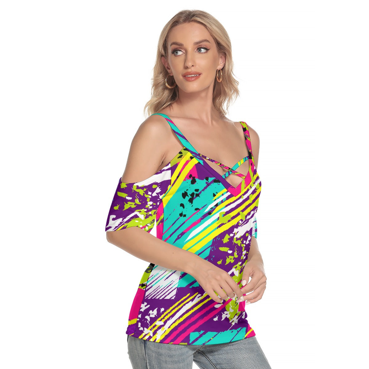 All-Over Print Women's Cold Shoulder T-shirt With Criss Cross Strips