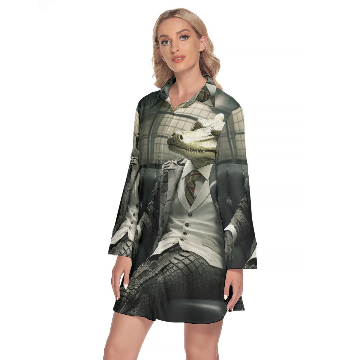 All-Over Print Women's Lapel Shirt Dress With Long Sleeve