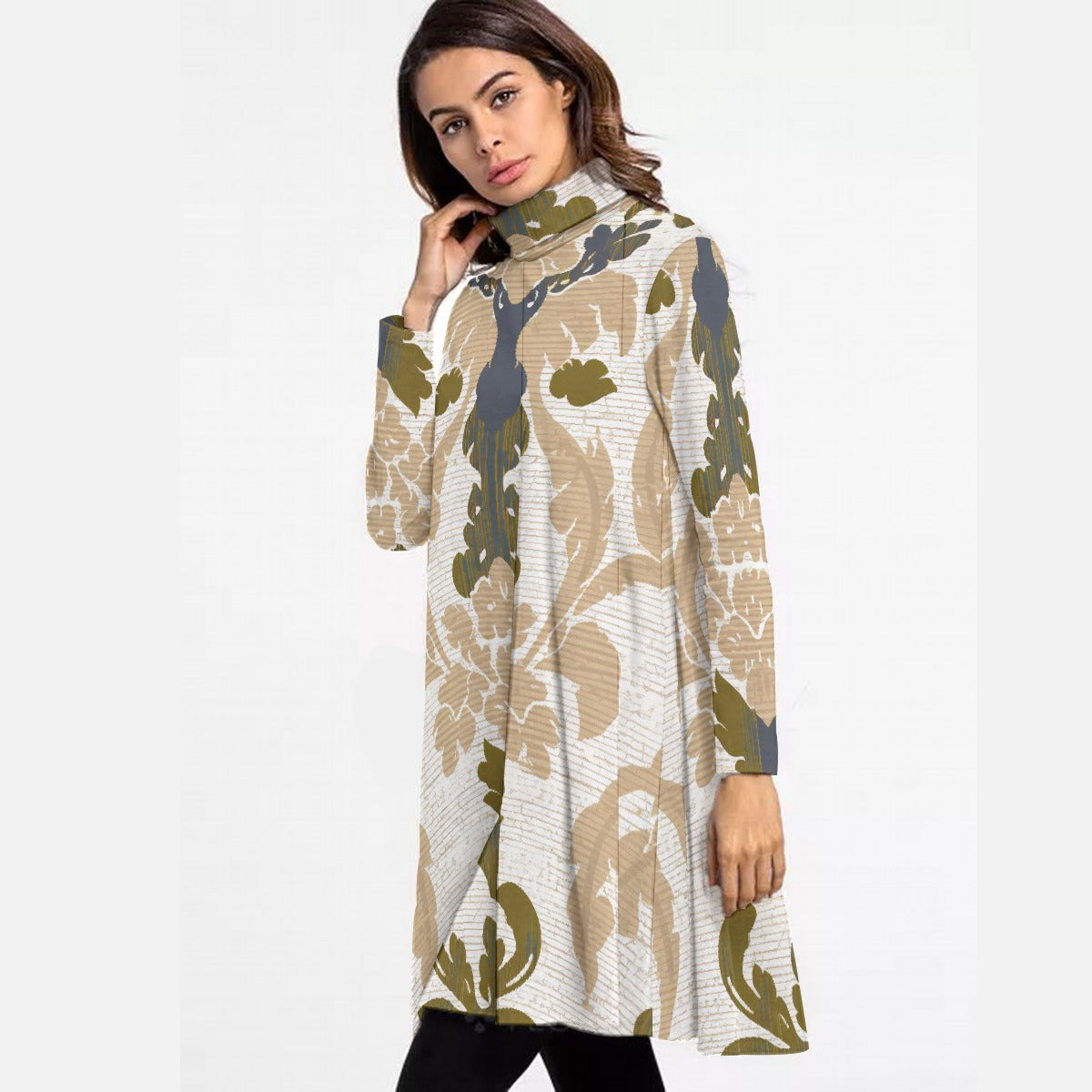 All-Over Print Women's High Neck Dress With Long Sleeve