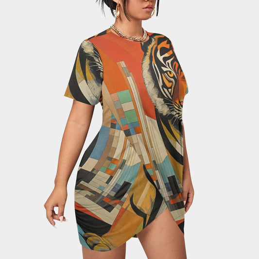 All-Over Print Women’s Stacked Hem Dress With Short Sleeve（Plus Size）