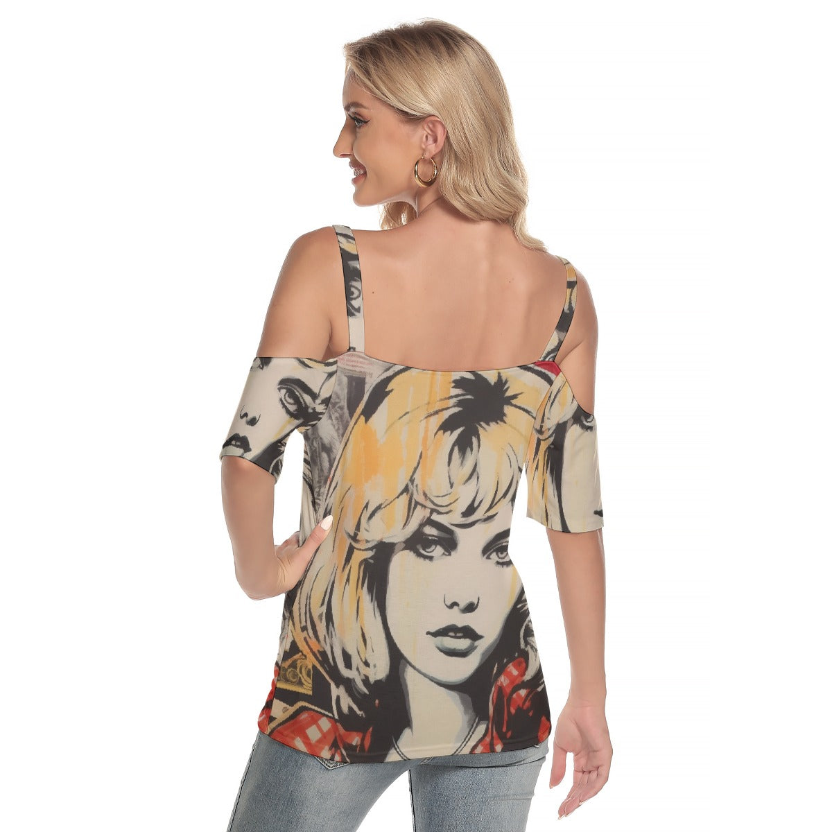 All-Over Print Women's Cold Shoulder T-shirt With Criss Cross Strips