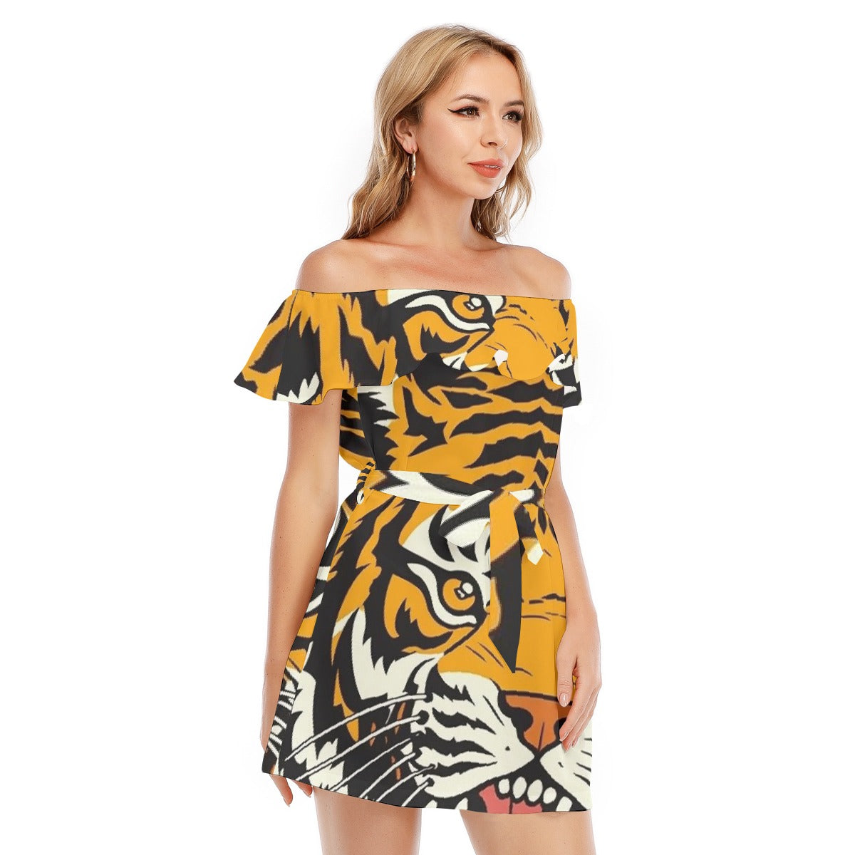 All-Over Print Women's Off-shoulder Dress With Ruffle