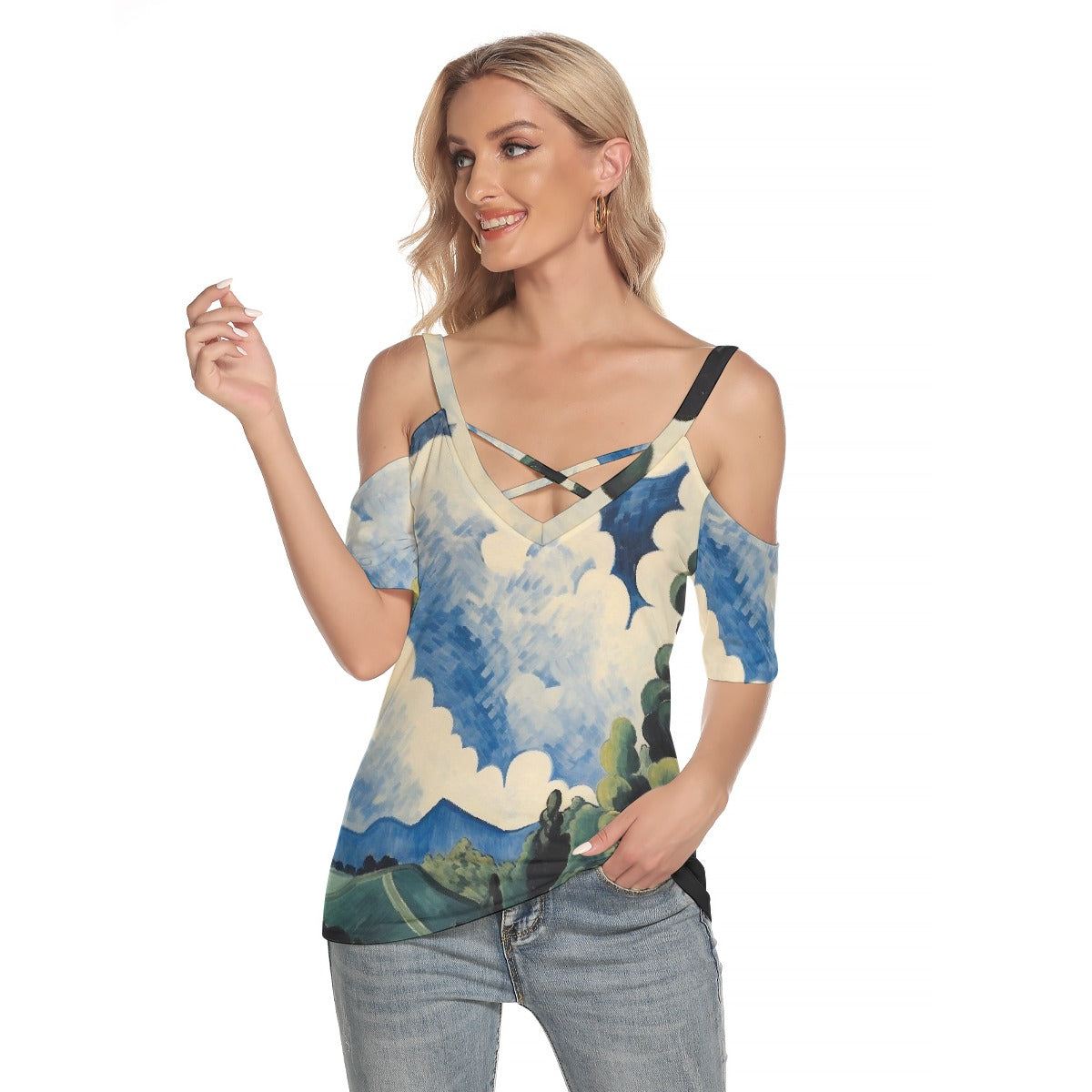 All-Over Print Women's Cold Shoulder T-shirt With Criss Cross Strips