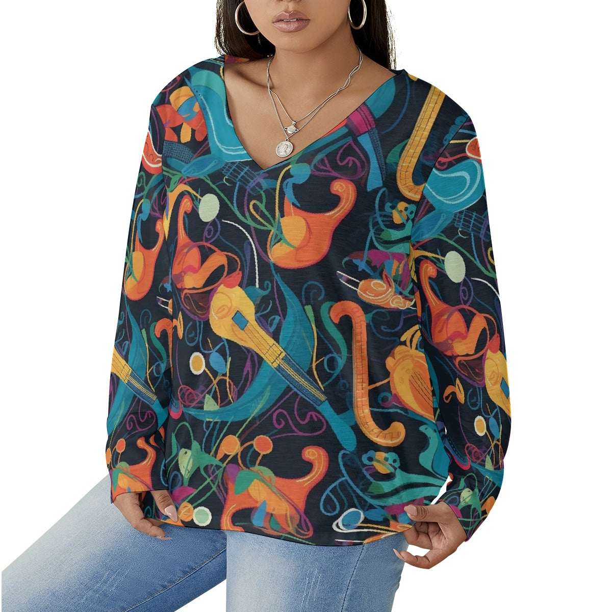 All-Over Print Women's V-neck T-shirt With Curved Hem(Plus Size)