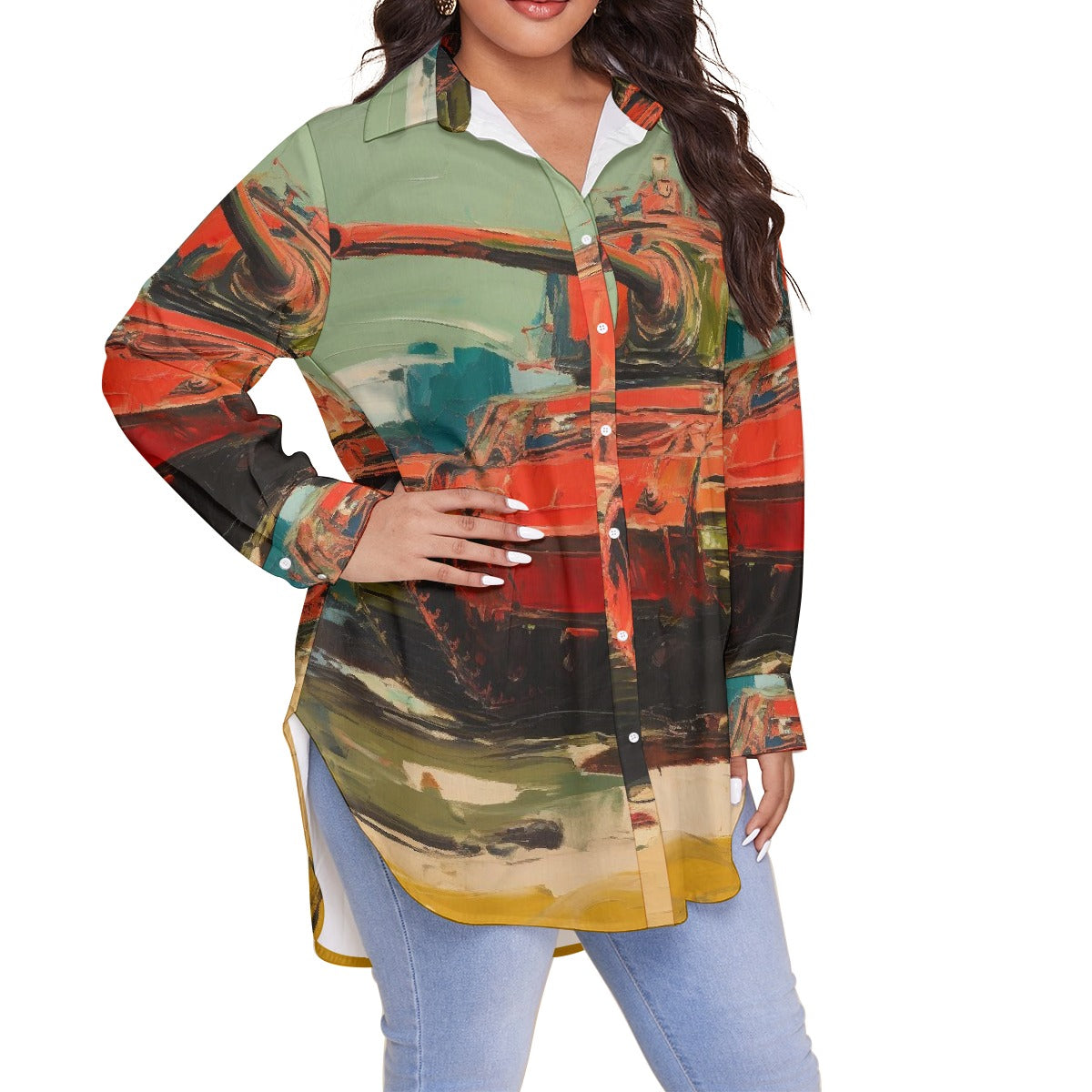 All-Over Print Women's Shirt With Long Sleeve(Plus Size)