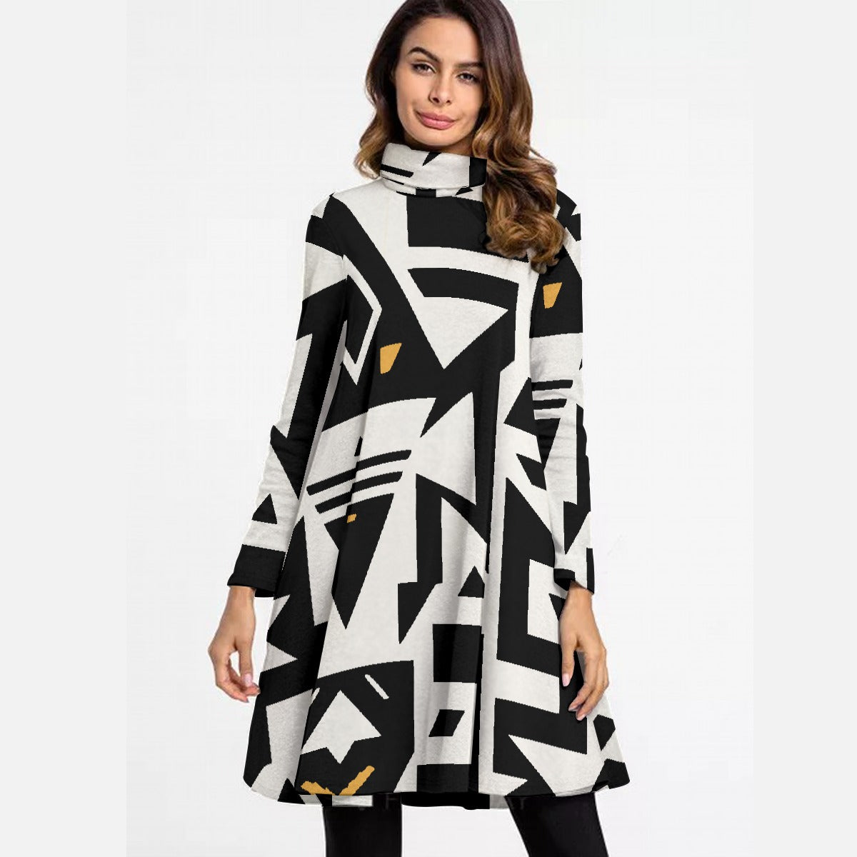 All-Over Print Women's High Neck Dress With Long Sleeve