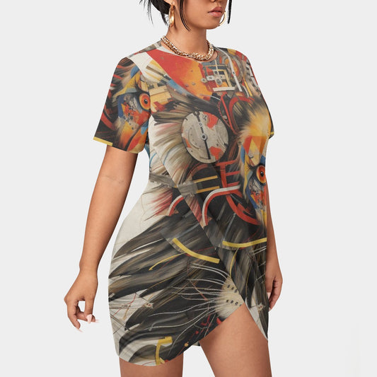 All-Over Print Women’s Stacked Hem Dress With Short Sleeve（Plus Size）