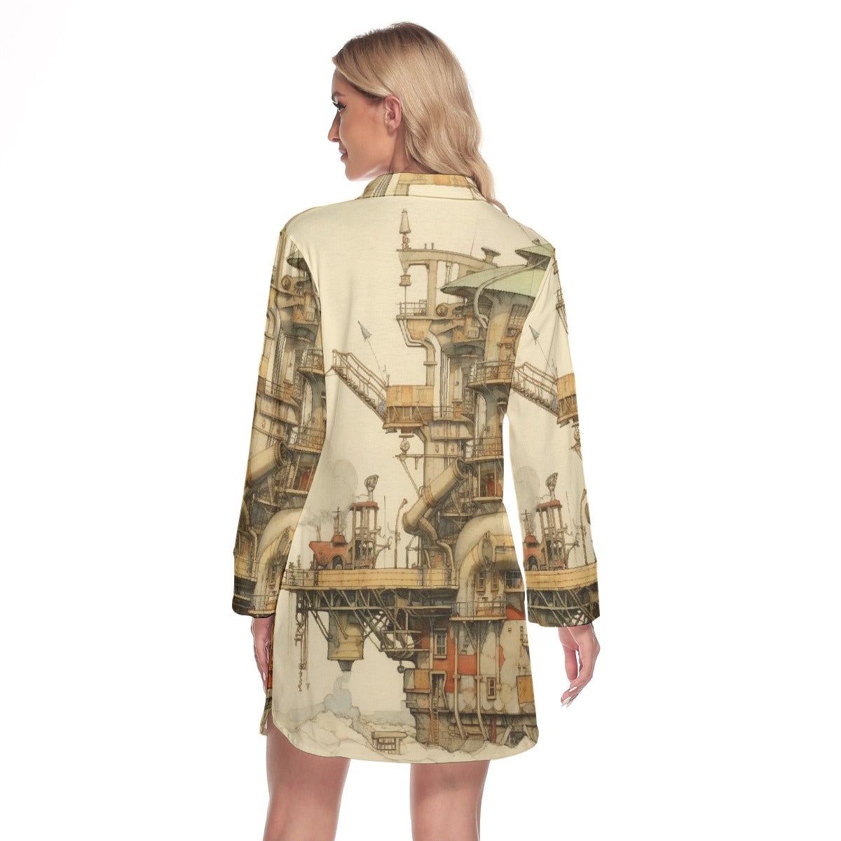 All-Over Print Women's Lapel Shirt Dress With Long Sleeve