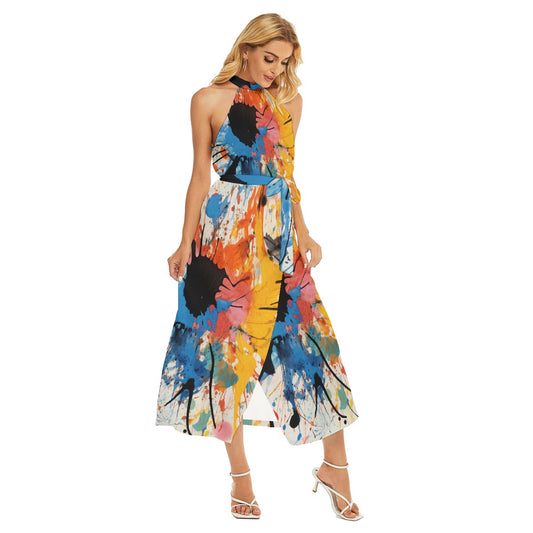 All-Over Print Women's Wrap Hem Belted Halter Dress