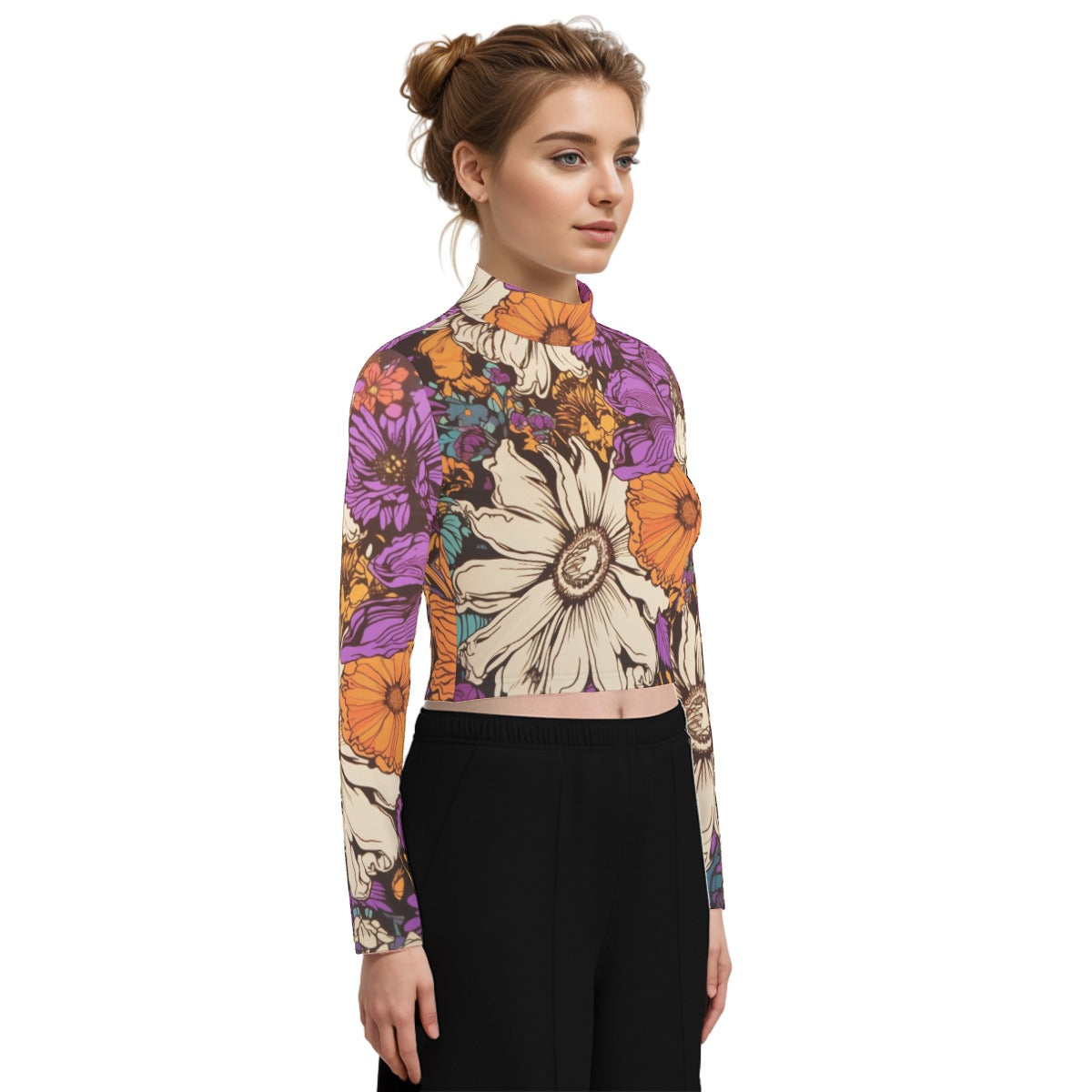 Eco-Friendly All-Over Print Women's Turtleneck T-shirt With Long Sleeve