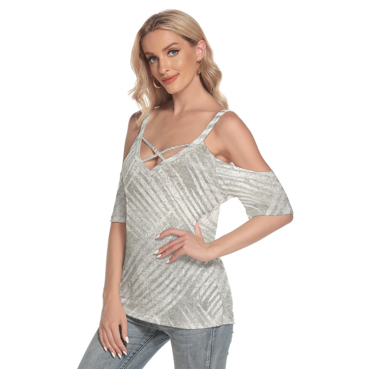 All-Over Print Women's Cold Shoulder T-shirt With Criss Cross Strips