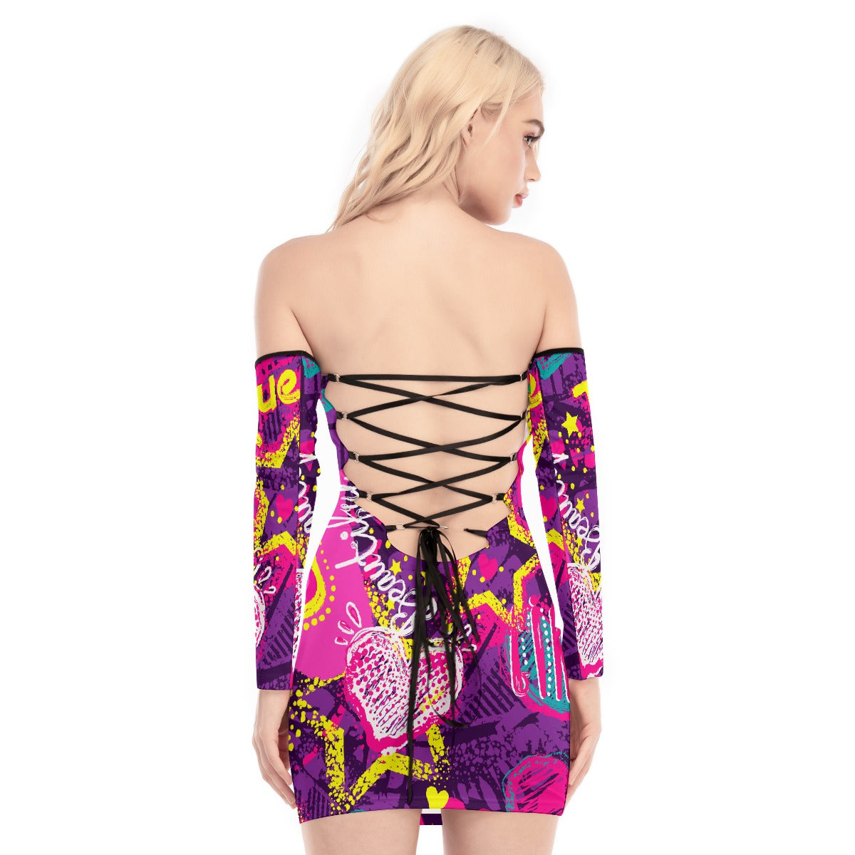 All-Over Print Women's Off-shoulder Back Lace-up Dress