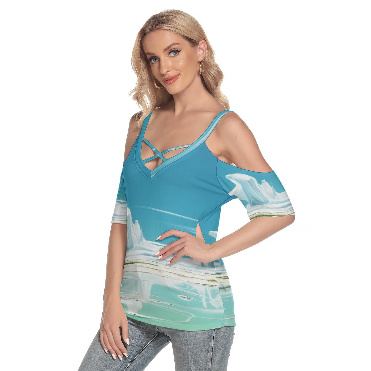 All-Over Print Women's Cold Shoulder T-shirt With Criss Cross Strips