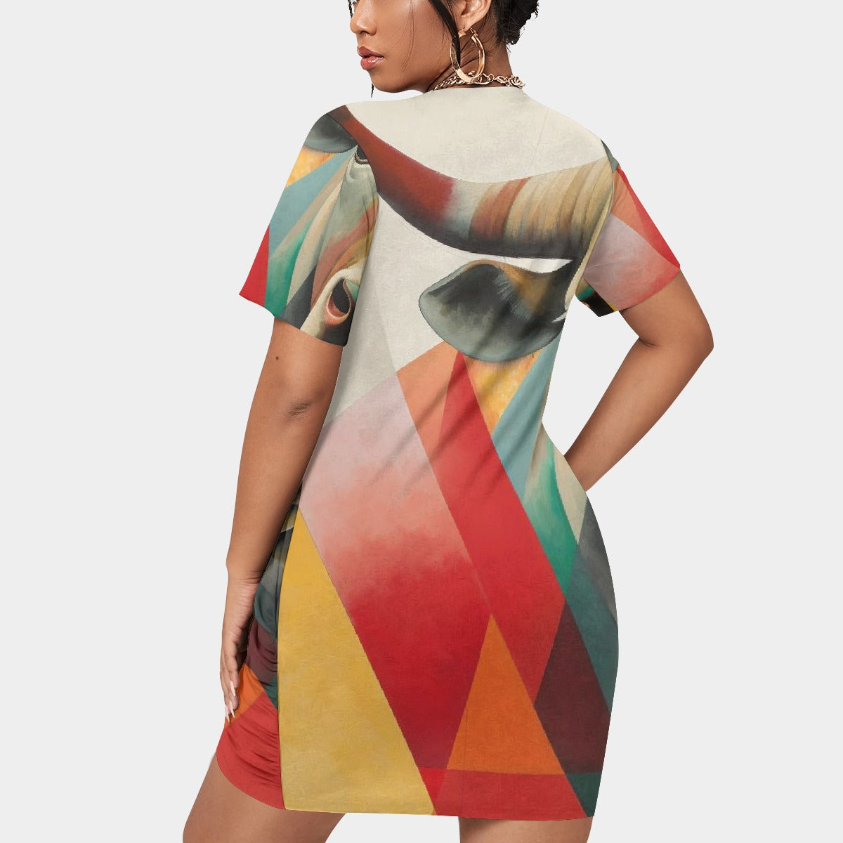 All-Over Print Women’s Stacked Hem Dress With Short Sleeve（Plus Size）