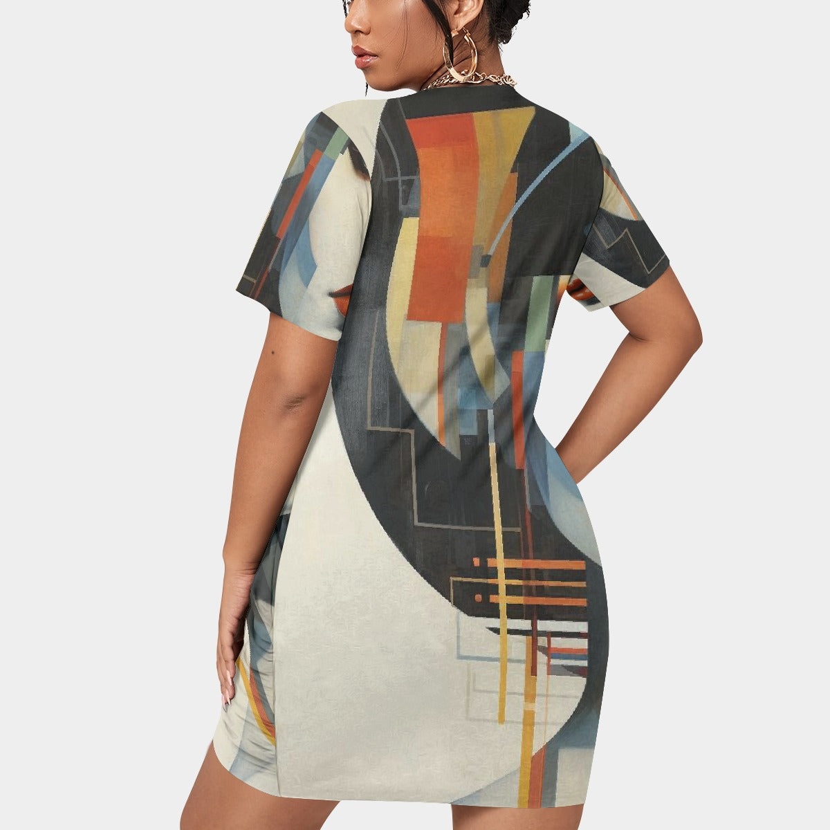 All-Over Print Women’s Stacked Hem Dress With Short Sleeve（Plus Size）