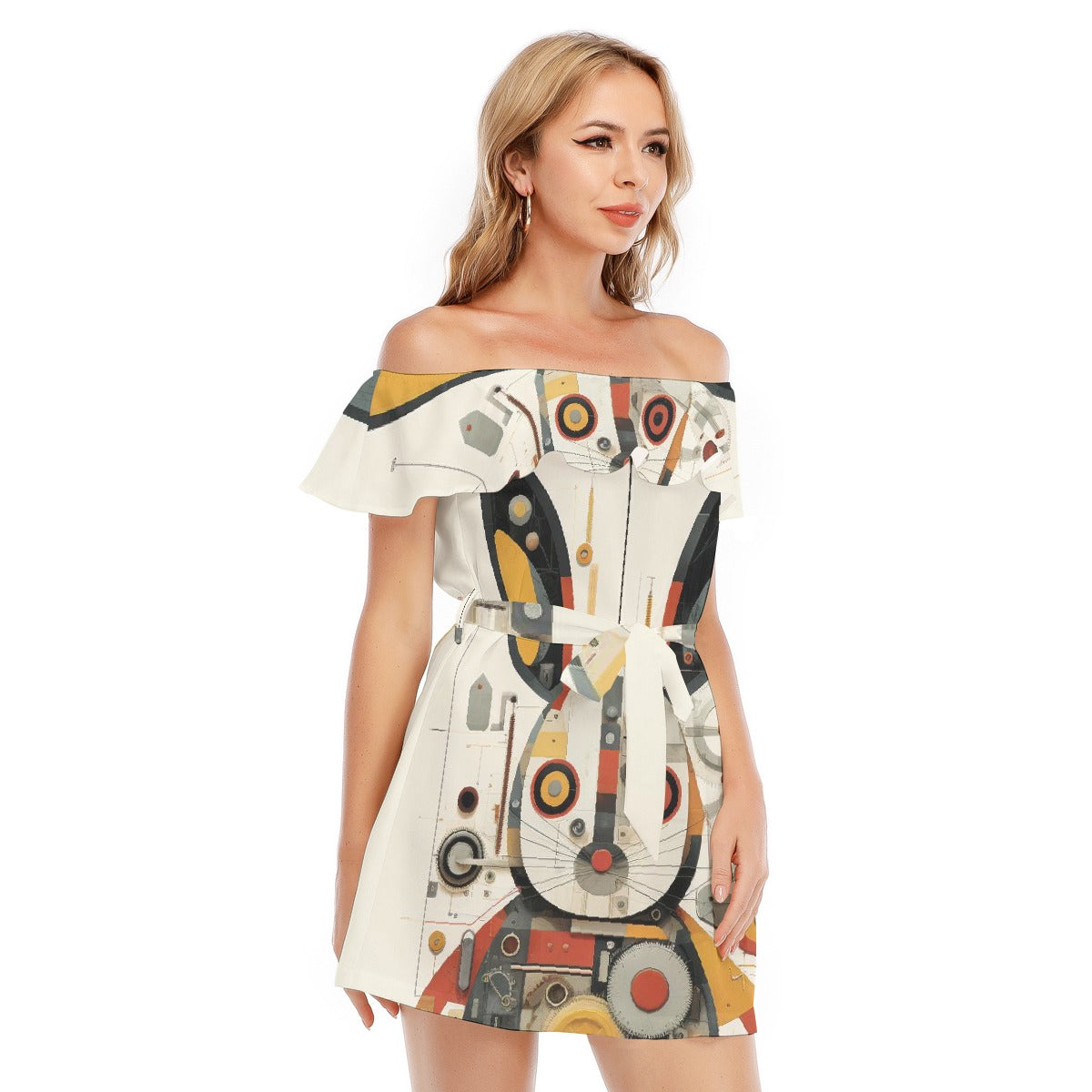 All-Over Print Women's Off-shoulder Dress With Ruffle