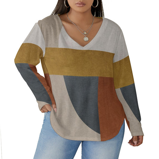 All-Over Print Women's V-neck T-shirt With Curved Hem(Plus Size)